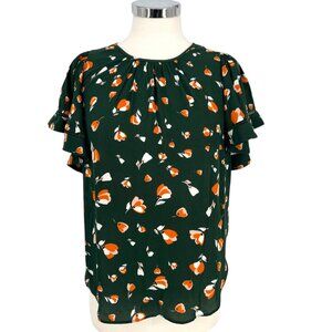 Ann Taylor Green Floral Ruffled Flutter Sleeve Blouse Size XS